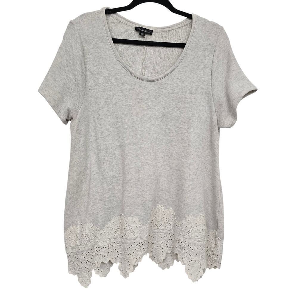 Lane Bryant Womens Top Sz 14/16 Heather Gray Short Sleeve Eyelet Lace Hem Blouse